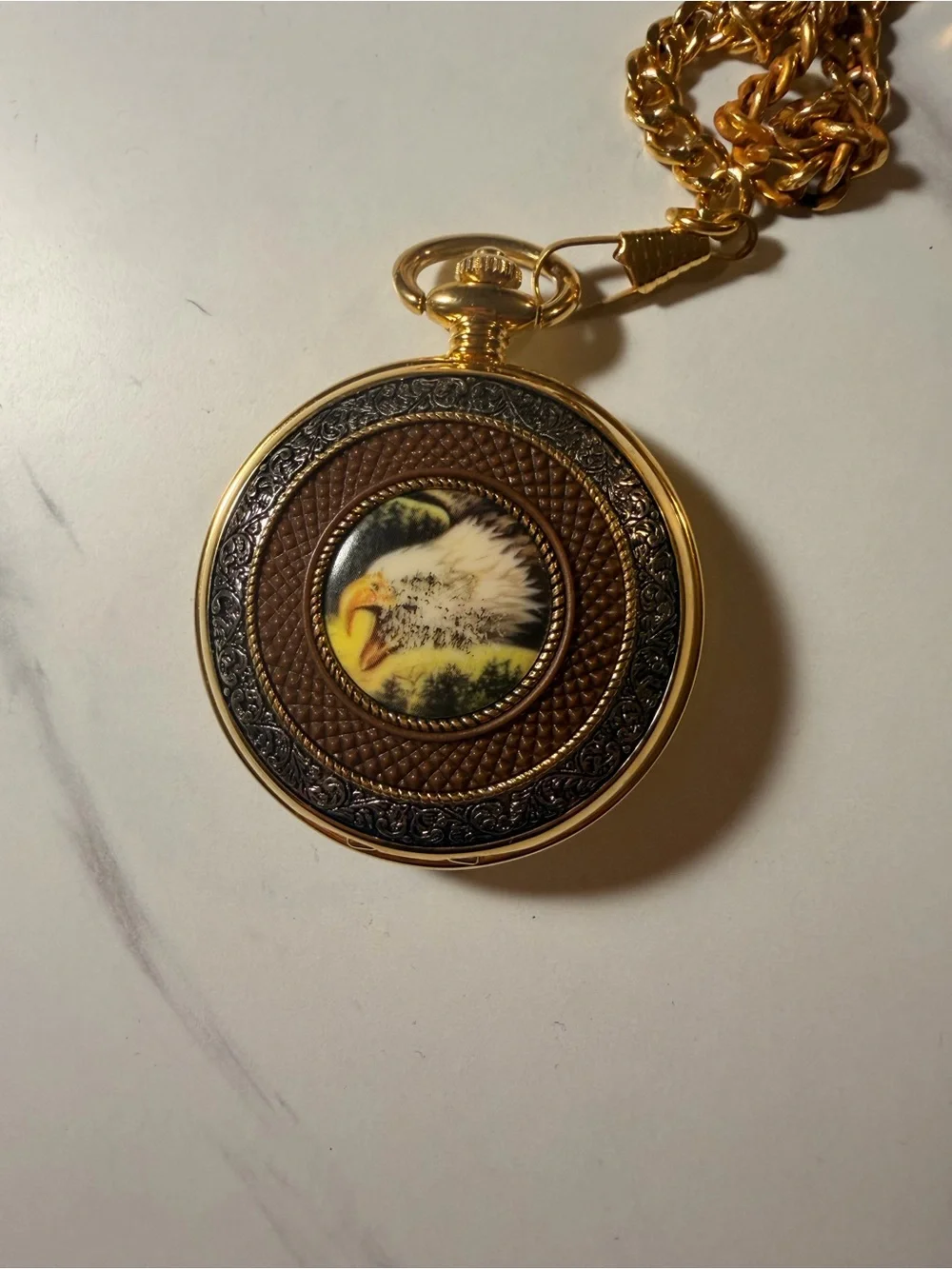 Gold Eagle Pocket Watch with chained Brown Tooled Leather Pouch